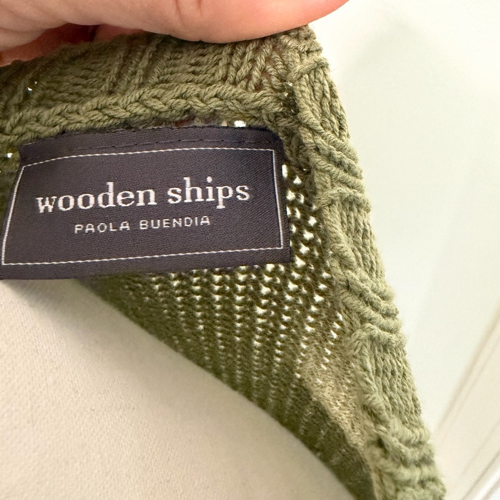 Wooden Ships Olive Green Crewneck Sweater with Black Skull Motifs M/L - Picture 4 of 5